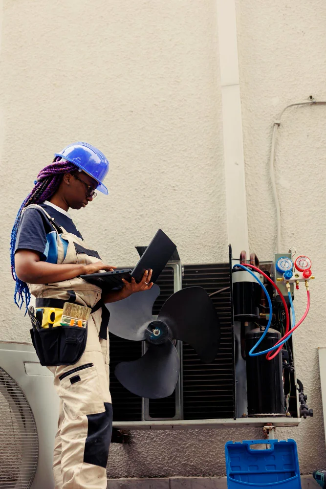 A skilled Black female electrician from Advanced Training Institute carefully repairs an air conditioner exhaust, ensuring efficient cooling and ventilation.
