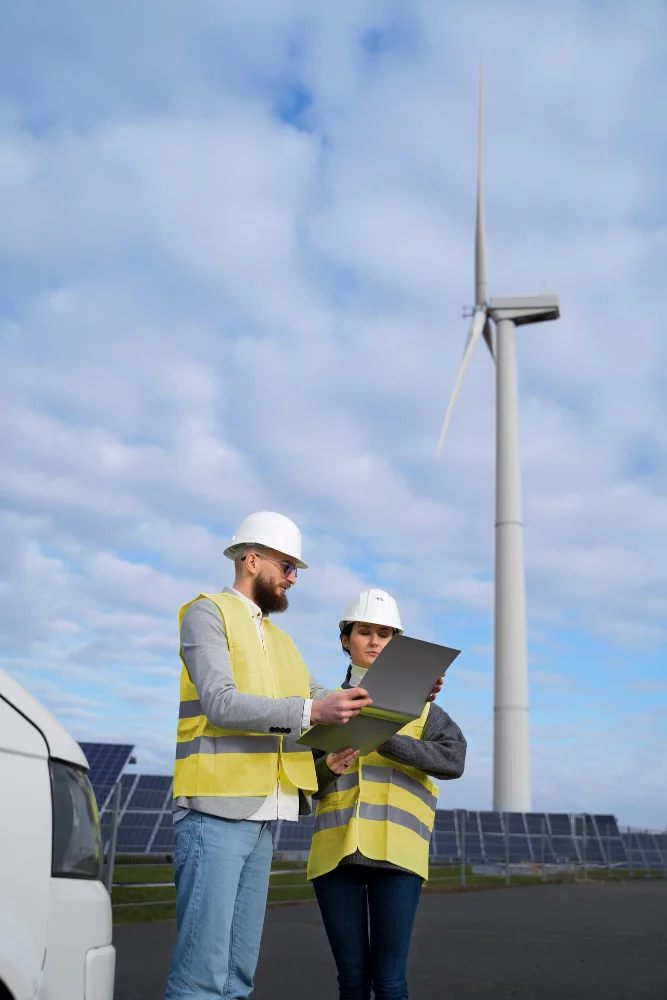 Two skilled electricians from Advanced Training Institute carefully inspect a control panel in front of a towering windmill, ensuring optimal energy production.