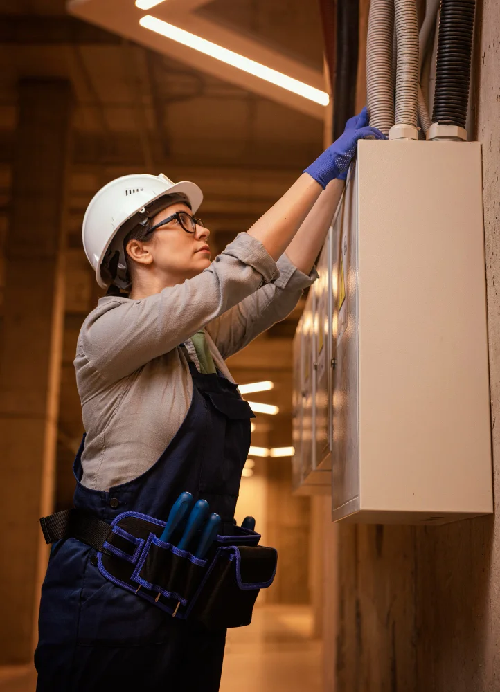 A skilled female electrician from [Institute Name] carefully inspects and repairs a complex circuit board, showcasing her technical expertise.